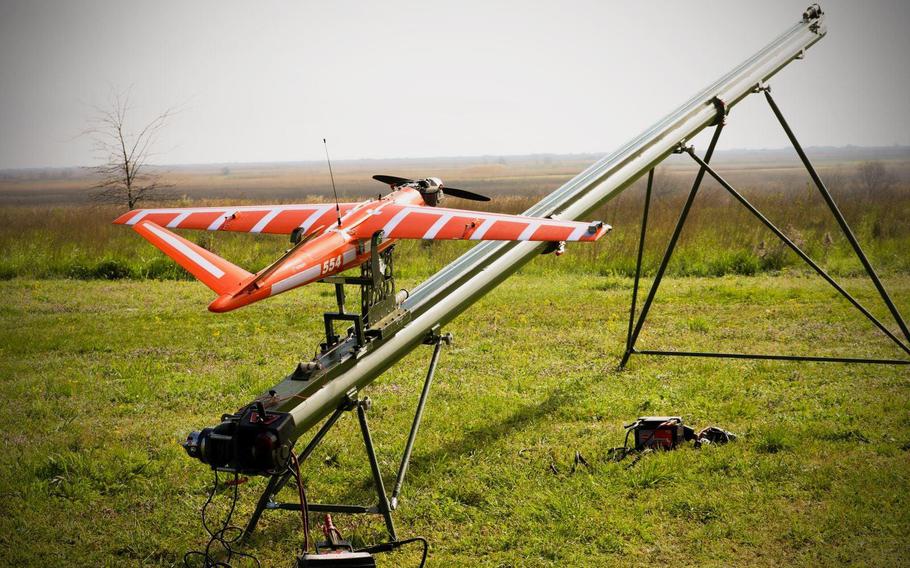 An anti-drone device is prepared for launch.