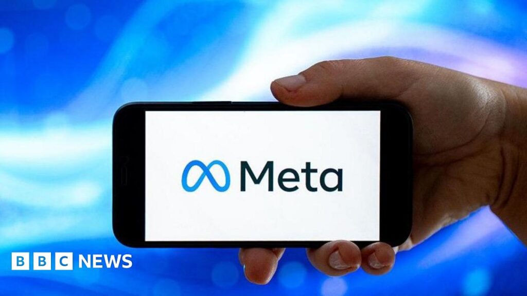 A phone with a white background and a black Meta logo beside a blue graphic.
