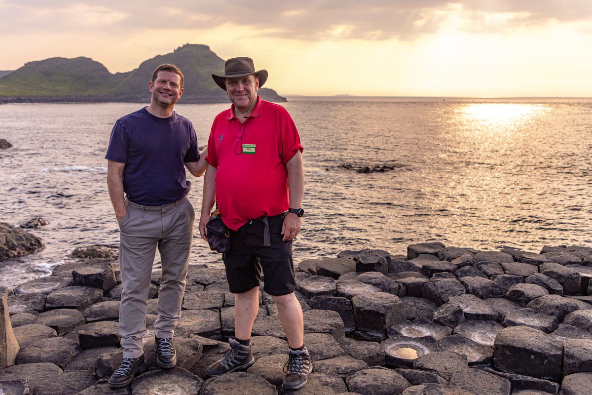 Dermot O’Leary with storyteller Mark Adams at the Giant’s Causeway
