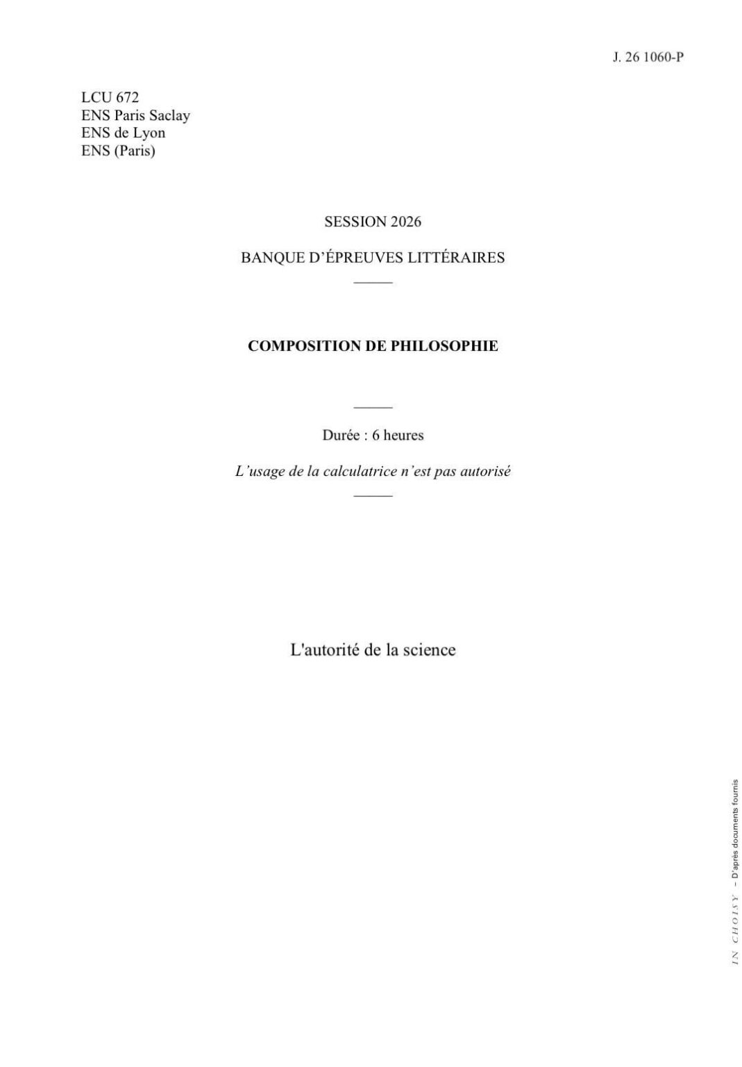 Subject of Philosophy ENS - 2026