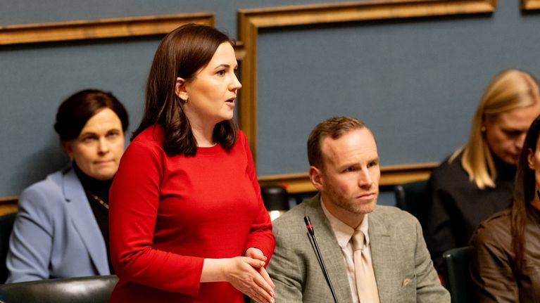 Finland's Social Security Minister Sanni Grahn-Laasonen speaking in parliament.