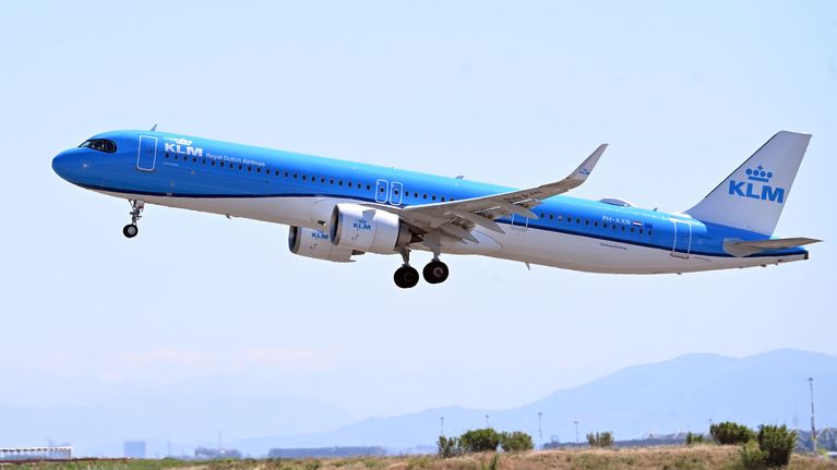 A KLM flight lifts off.