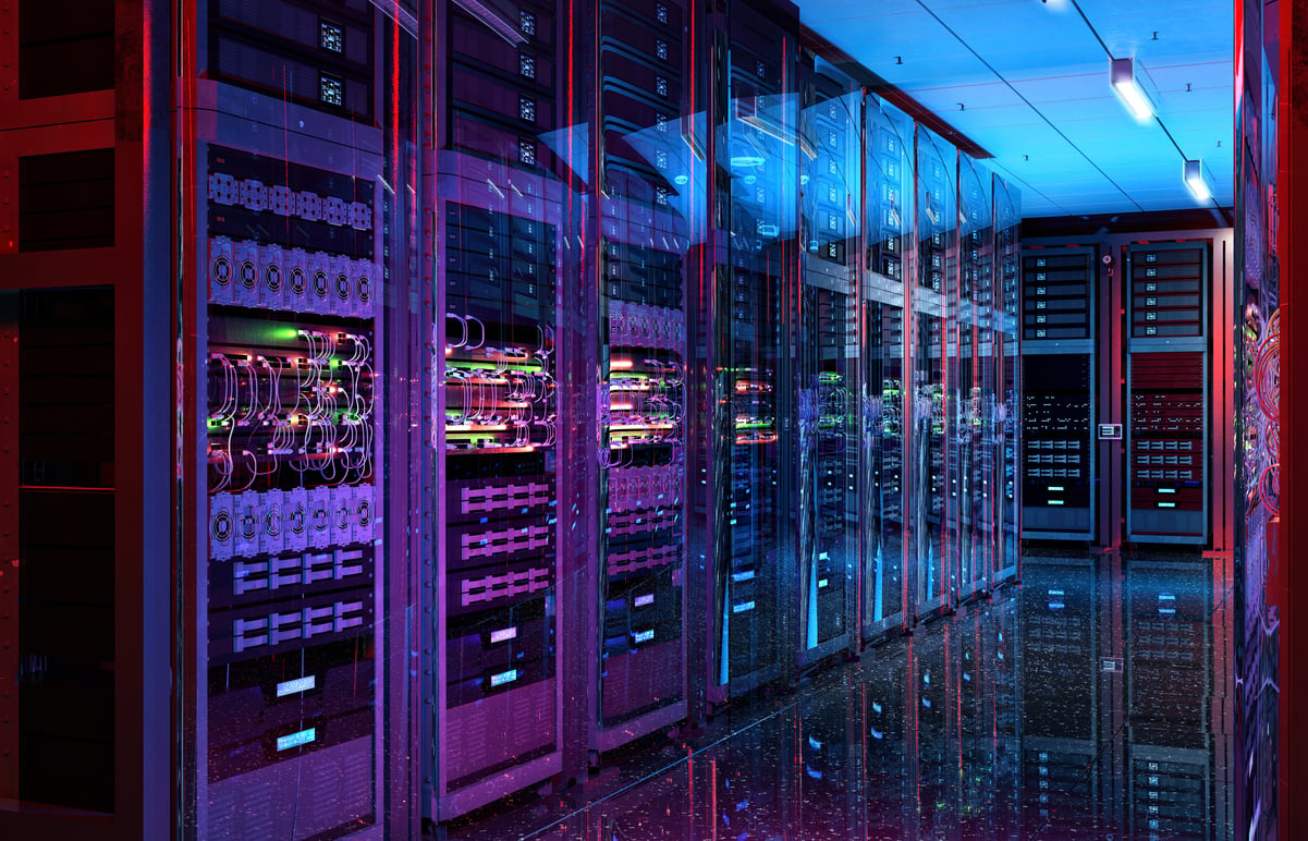 A row of server racks in a data center.