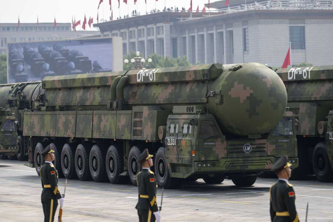 Land-based DF-61 intercontinental ballistic missiles of the nuclear missile formation appear in Tiananmen Square, September 3, 2025, in Beijing.