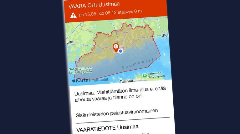 Screenshot of the 112 Suomi app, showing a drone warning issued last Friday.