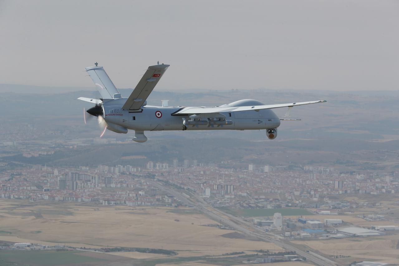 TAI's Anka medium-altitude long-endurance unmanned aerial vehicle (UAV) during a flight at an unspecified location and time. (IHA Photo)