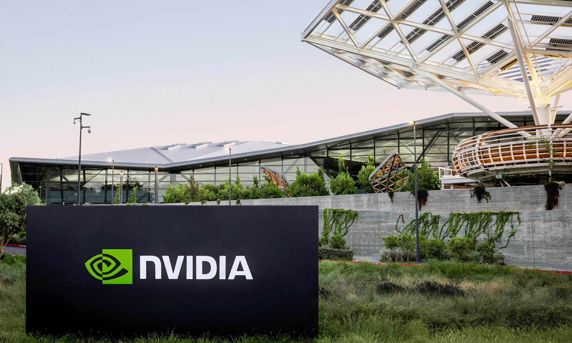 Nvidia's headquarters with a black sign in front with Nvidia's logo.
