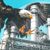 Illustration of a bald eagle swooping down on a factory