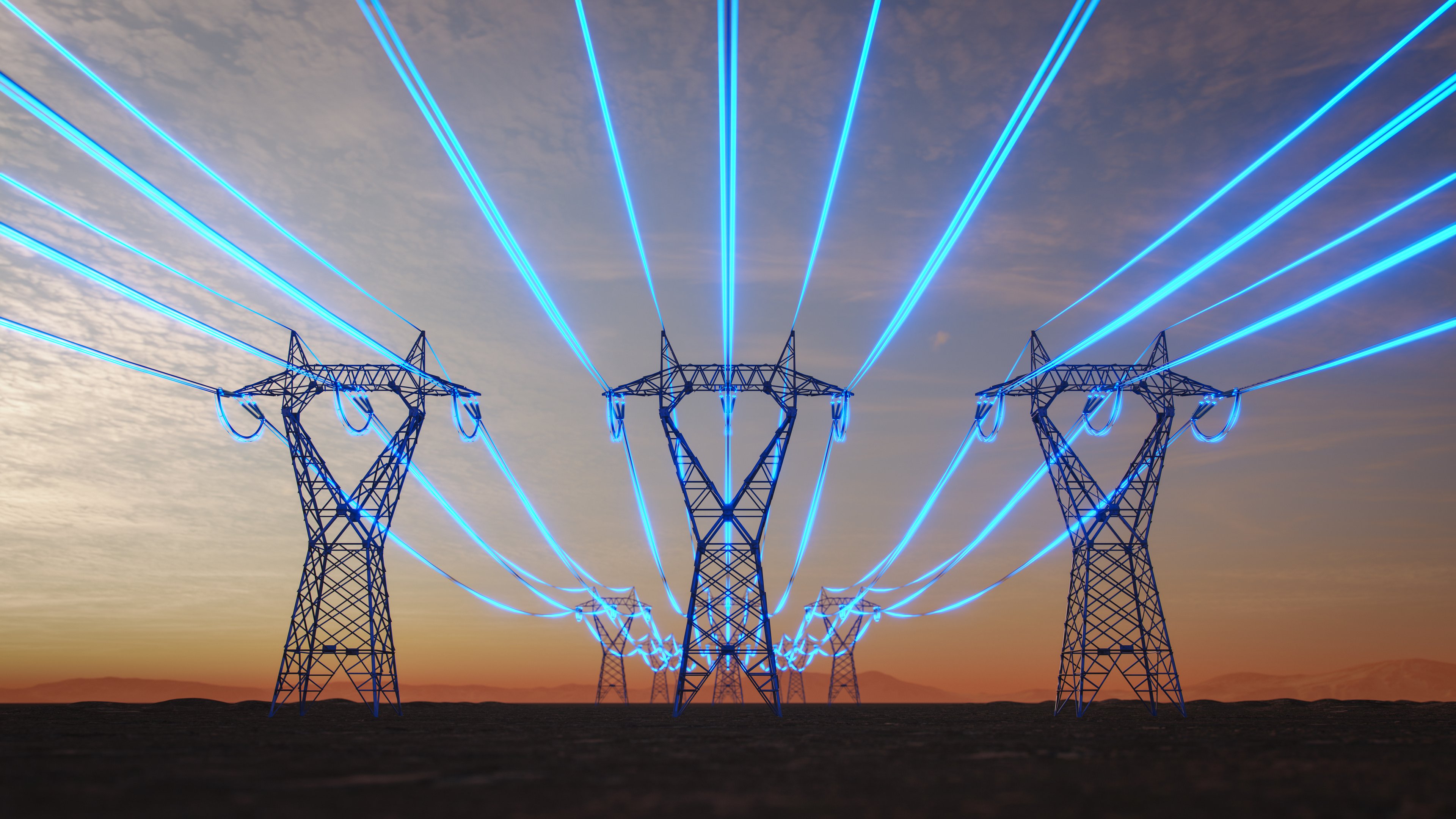 A visualization of electricity traveling through power lines.