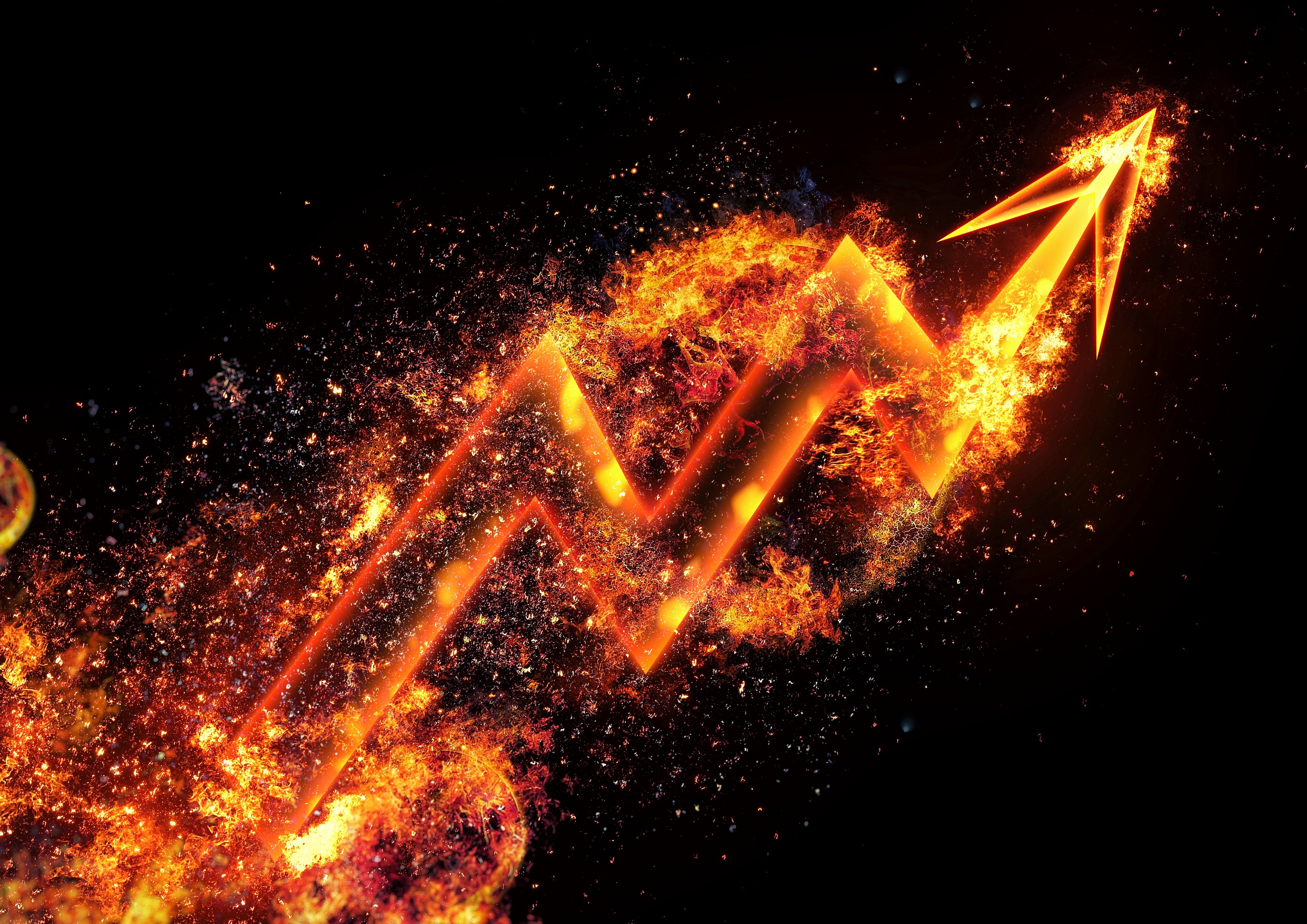 A flaming chart arrow going up.