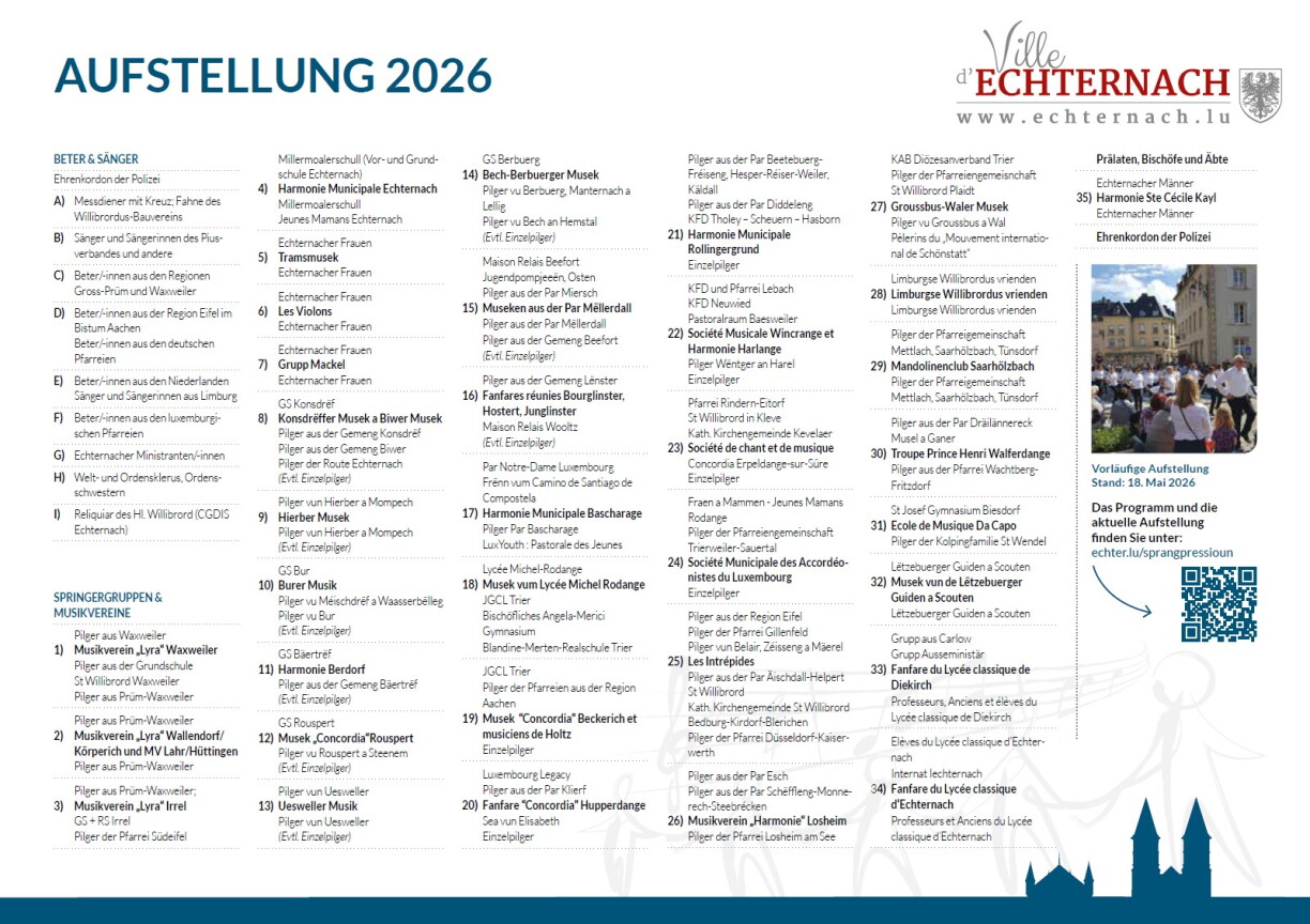 The line-up of groups for the 2026 hopping procession.