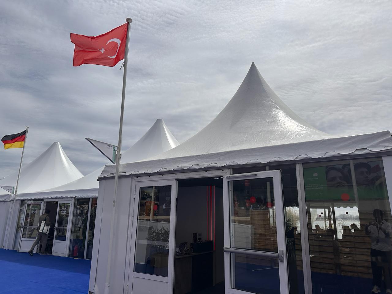 The Turkish flag flies outside the Türkiye Stand at the Cannes Film Festival in Cannes, France. (Photo via Culture and Tourism Ministry)