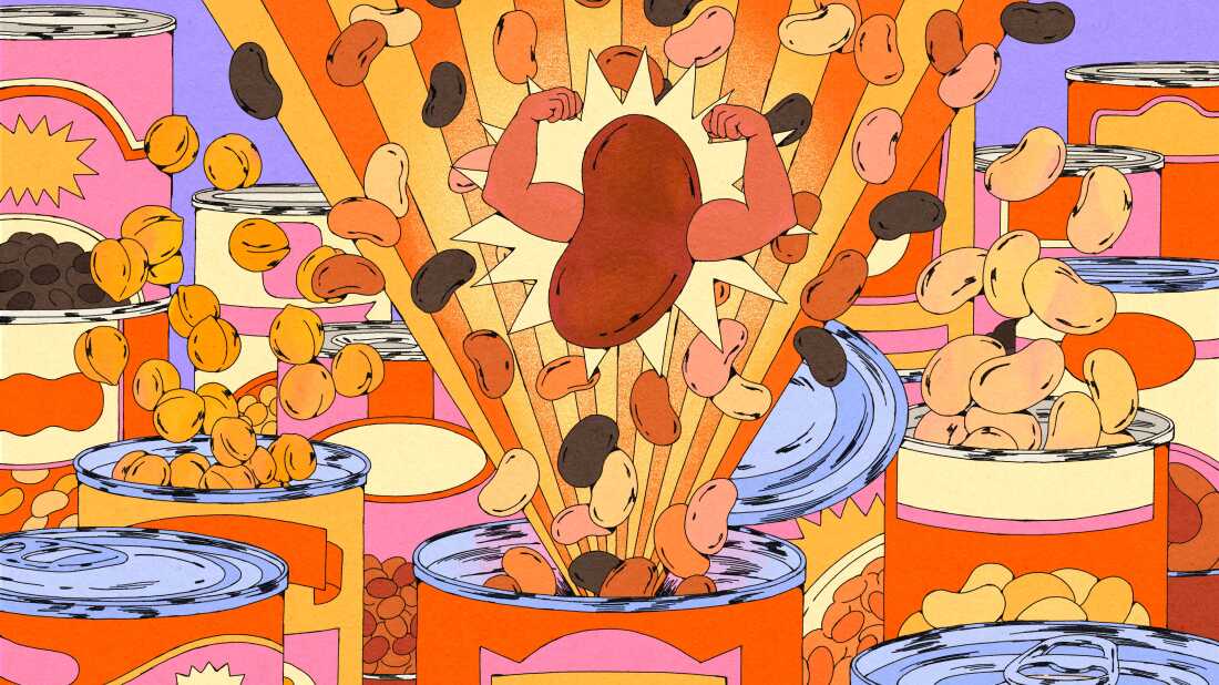 An illustration of a giant kidney bean flexing its arms against cans of beans where they are exploding out of the tops.