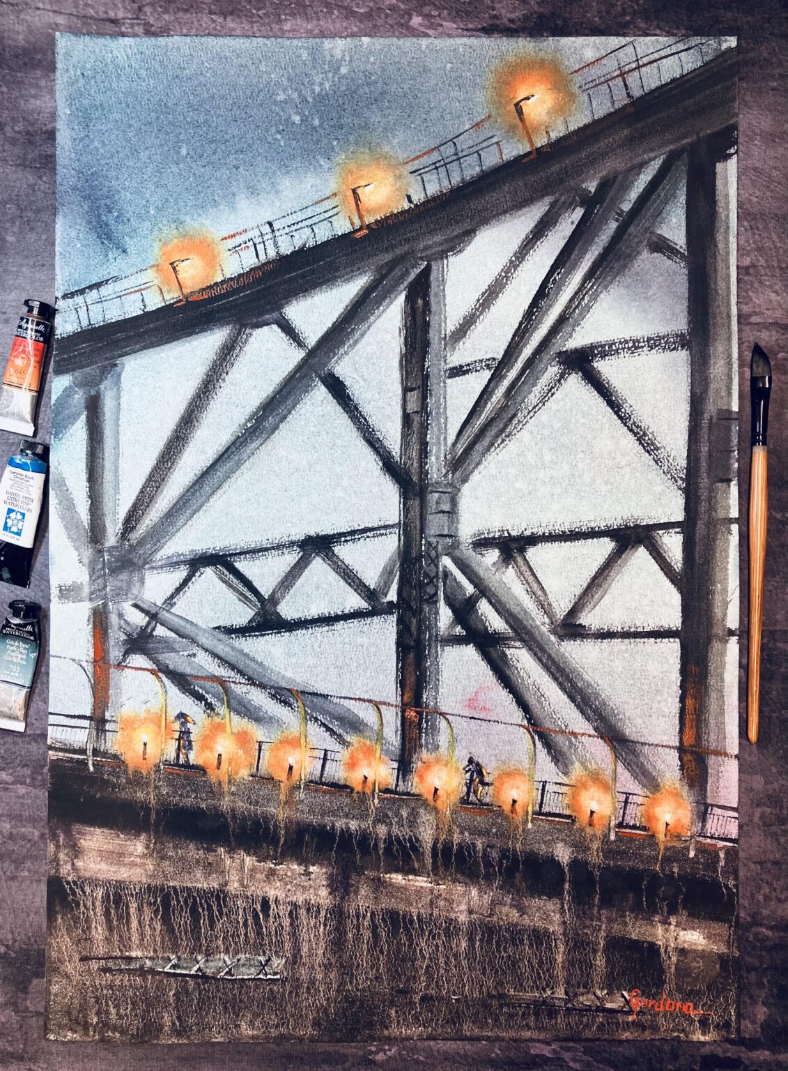 “On my way Home”. Story Bridge, Watercolour painting