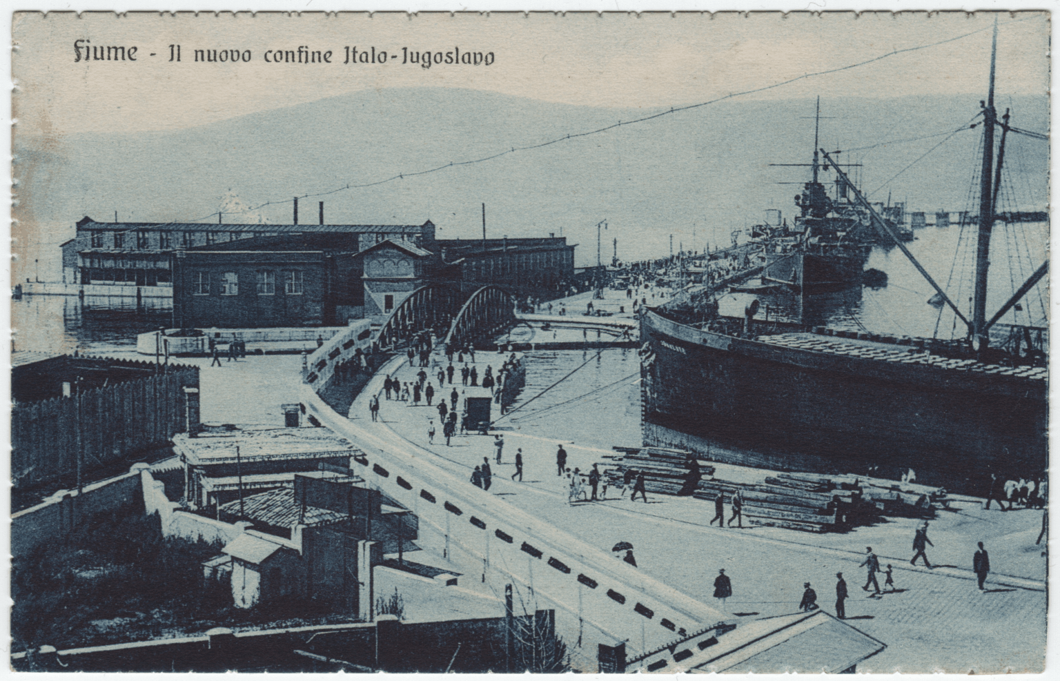 Postcard showing the border between Yugoslavia and Italy in Rijeka with a broken line (1935)