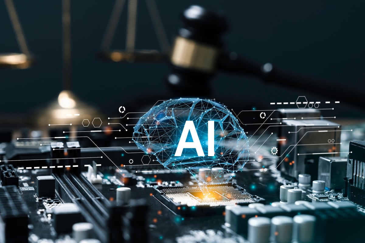 A digital brain and the letters AI hover over a microprocessor.