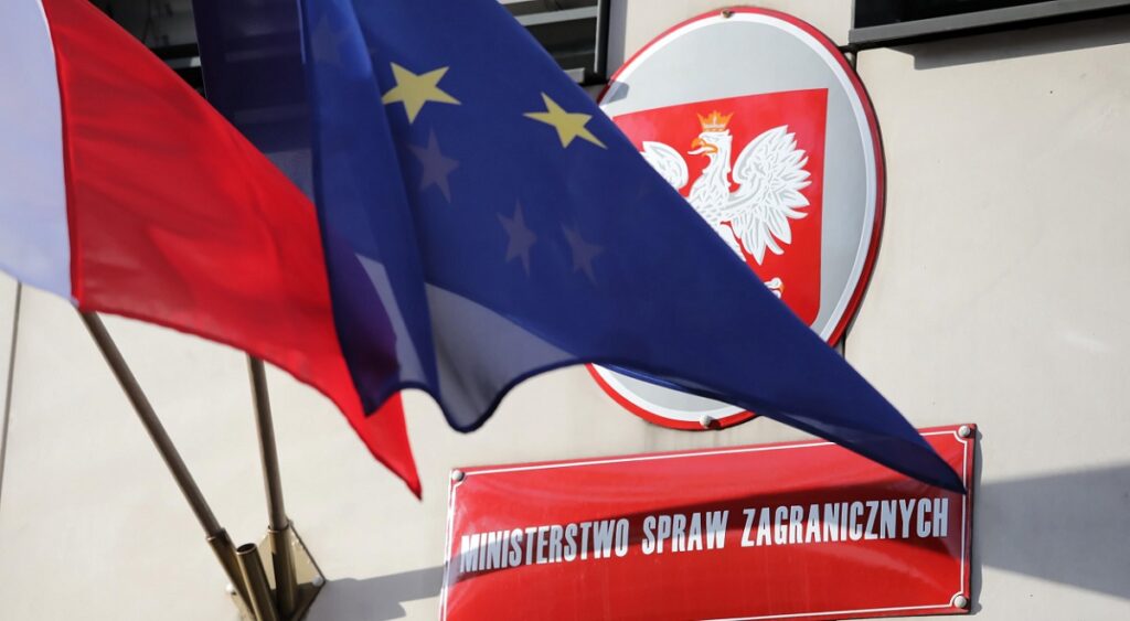 Poland condemns Russian threats against Latvia The Polish foreign ministry building in Warsaw.