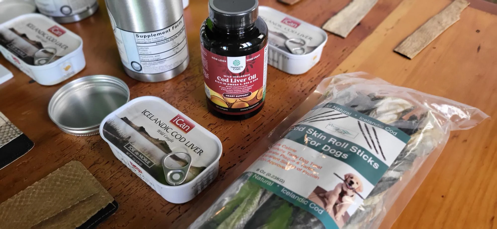 Various products made from cod, including cod liver oil.