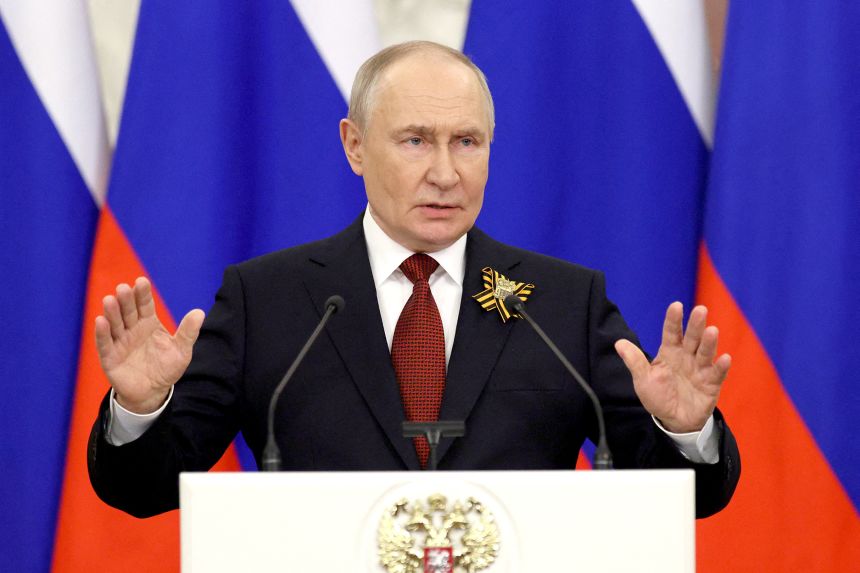 Russian President Vladimir Putin speaks during a press conference in Moscow, Russia on May 9.