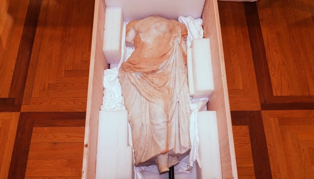 The marble torso of Asclepius, ancient Greek god of medicine and healing from the 1st or 2nd century and stands 40 inches tall. The statue was seized by law enforcement after claims made in paperwork that accompanied it proved fraudulent after an HSI and CBP investigation