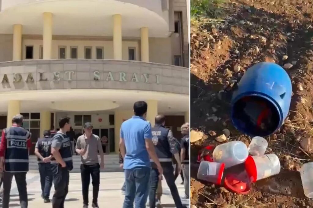 A collage image shows police officers outside the Sanliurfa courthouse (left) and the plastic barrel where human fetuses were discovered at Yeni Aile Cemetery in Sanliurfa, southeastern Türkiye. (Photo via T24)
