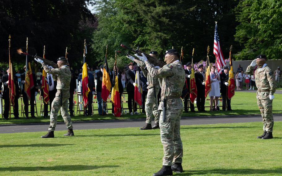 The Belgian Army’s 4th Engineer Battalion performs a volley solute during a U.S. Memorial Day ceremony at Henri-Chapelle American Cemetery in Belgium, May 23, 2026.