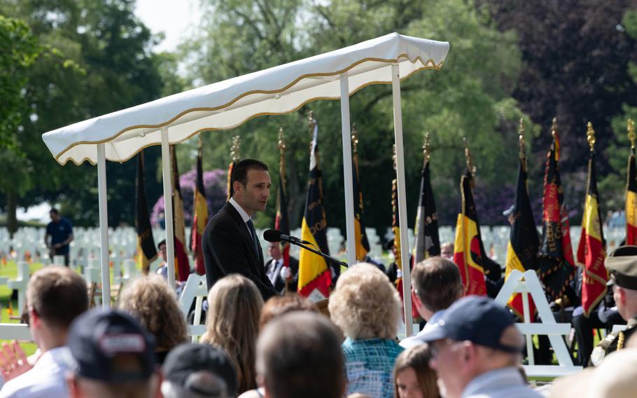 David Americo, chief of cemetery operations at the American Battle Monuments Commission, speaks at a Memorial Day ceremony at Henri-Chapelle American Cemetery in Belgium, May 23, 2026.