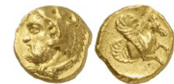 A gold coin of Lampasakos, Mysia, minted in 370 B.C.E., depicts Hercules on the front and Pegasus on the reverse