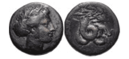 A bronze coin of Macedonia, from the 4th century B.C.E., depicts Persephone on the front and Hydra on the reverse
