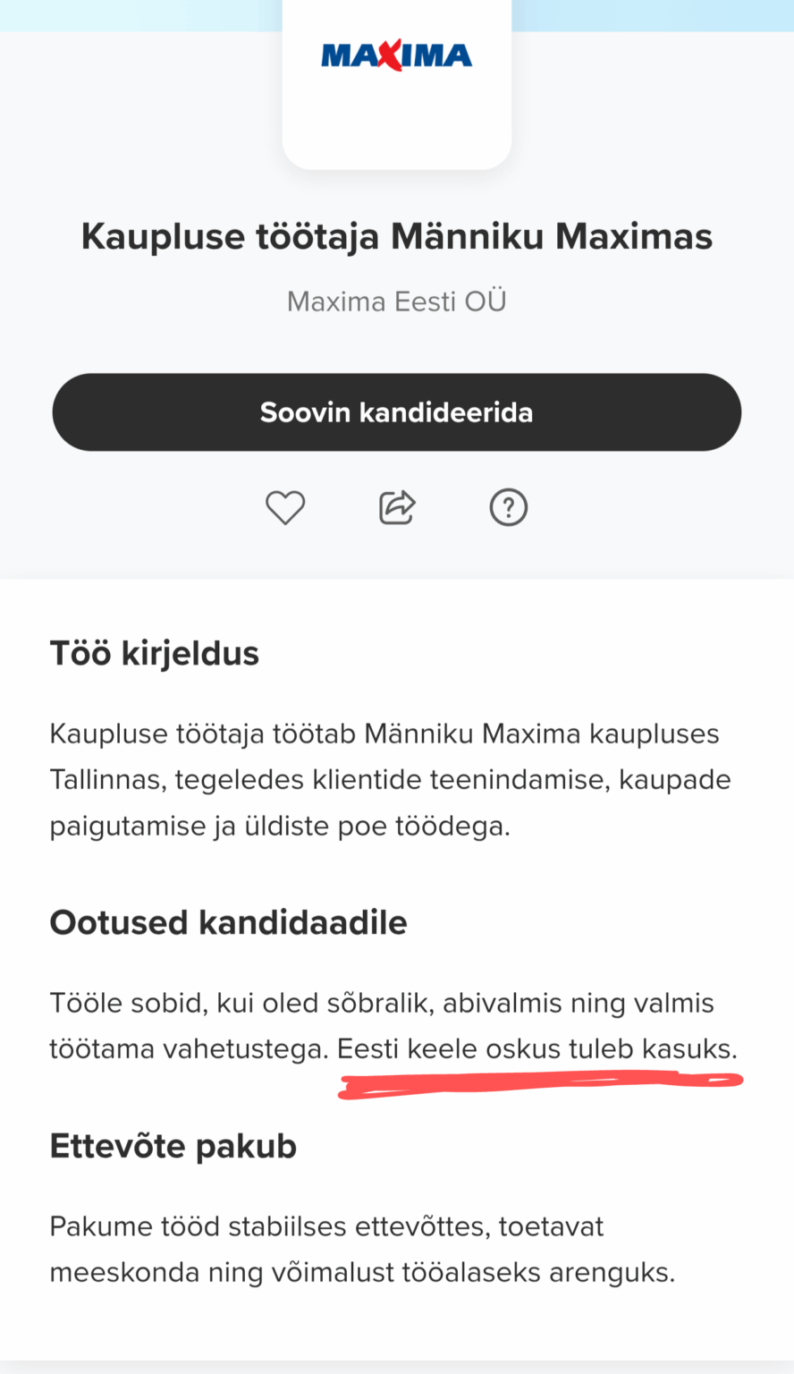 Customer service job offer: knowledge of the Estonian language is beneficial