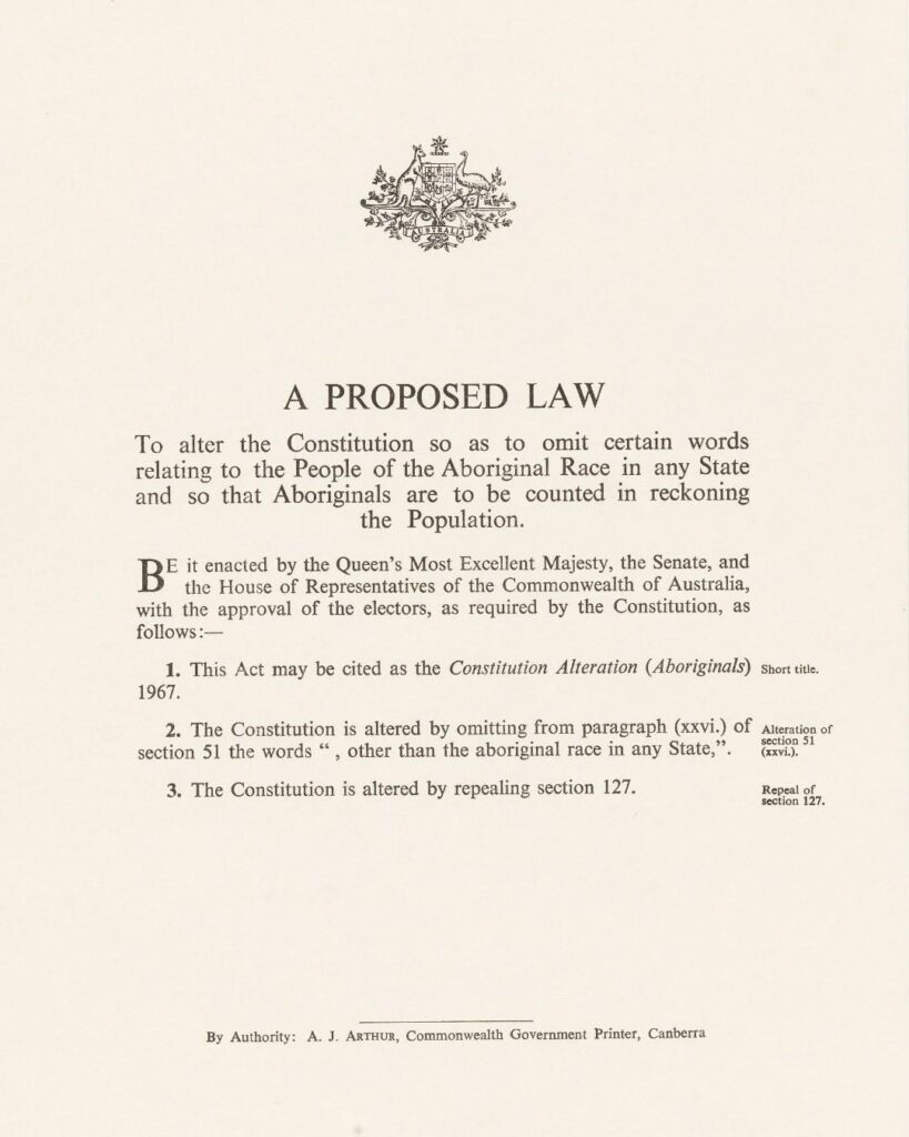 Today was the 59th anniversary of the 1967 Referendum, passed by 90.77% of voters. It amended the Constitution allowing Indigenous Australians to be counted in the census and the federal government to make laws specifically for them. Today was the 59th anniversary of the 1967 Referendum, passed by 90.77% of voters. It amended the Constitution allowing Indigenous Australians to be counted in the census and the federal government to make laws specifically for them.