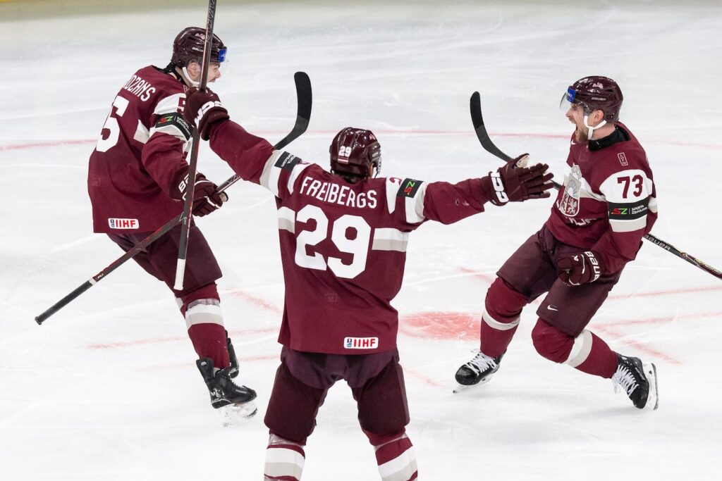 Latvia stuns the United States at ice hockey worlds Latvia's Deniss Smirnovs (right) celebrates after giving his country a 2-1 lead over the United States early in the third period in Saturday's IIHF Men's Ice Hockey World Championship preliminary round Group A game in Zurich, Switzerland.