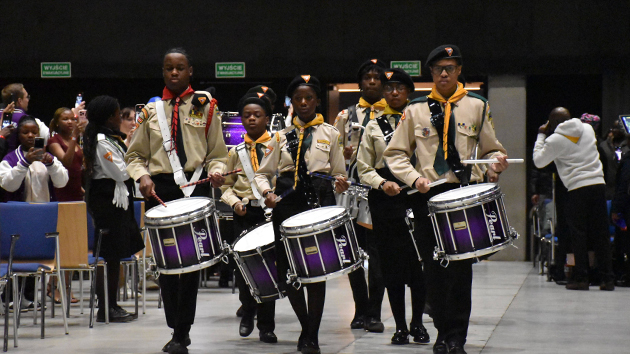 Members of the North England Conference, UK, Drill and Drum Corps perform during an opening ceremony at the Trans-European Division Adventurer and Pathfinder Bible Experience finals
