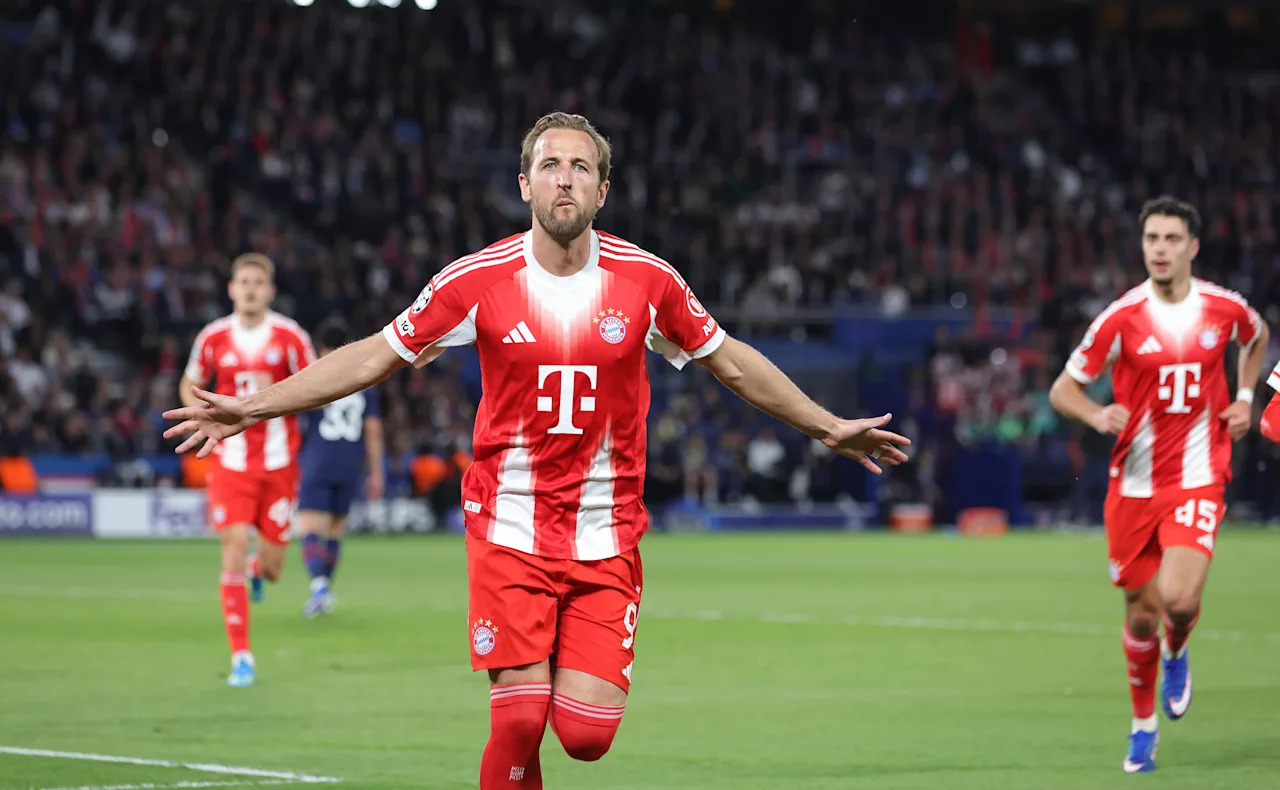 PARIS, FRANCE - APRIL 28: Harry Kane of FC Bayern München celebrates after scoring his team's first goal during the UEFA Champions League 2025/26 Semi Final First Leg match between Paris Saint-Germain and FC Bayern München at Parc des Princes on April 28, 2026 in Paris, France. (Photo by Sebastian El-Saqqa - firo sportphoto/Getty Images)