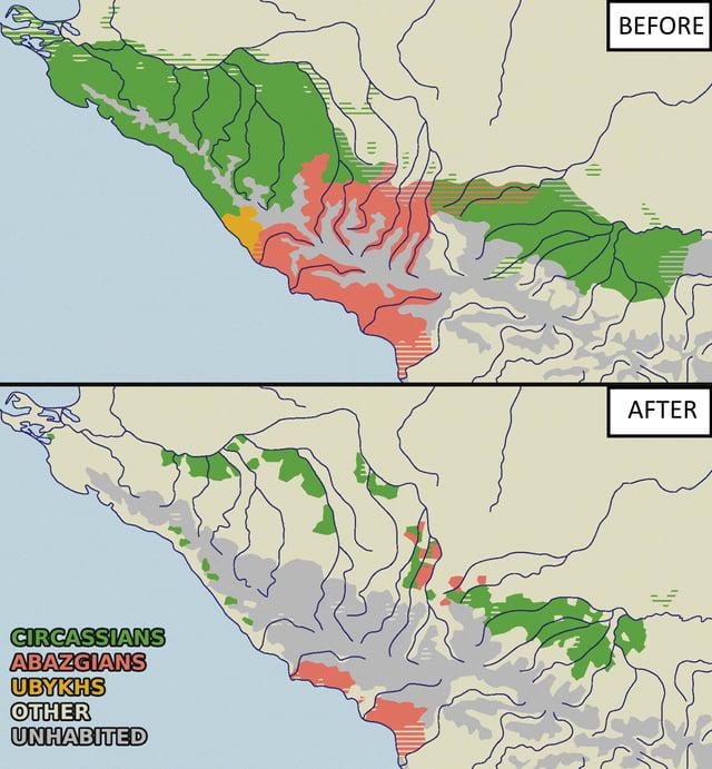 Commemorating Today: Maps of Circassian Territories Before and After Their Expulsion (Circassian Genocide), 1864.