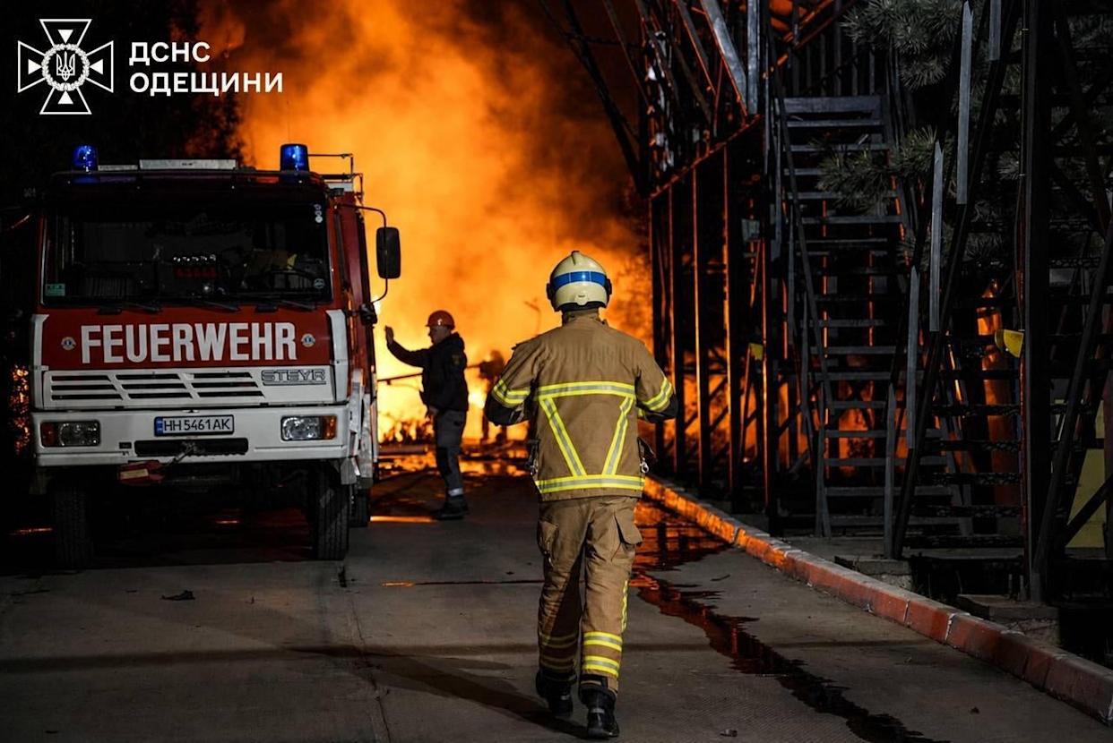 Ukrainian emergency crew responds to a fire in Ukraine's southern Odesa region after Russian attack overnight on Sunday, May 3, 2026. / Credit: Ukrainian Emergency Service via AP