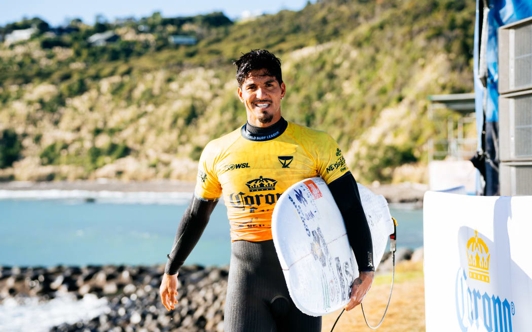 RAGLAN, NEW ZEALAND - MAY 14: Three-time WSL Champion Gabriel Medina of Brazil after surfing in the practice session prior to the commencement of at the Corona Cero New Zealand Pro on May 14, 2026 at Raglan, New Zealand. (Photo by Rambo Estrada/World Surf League)