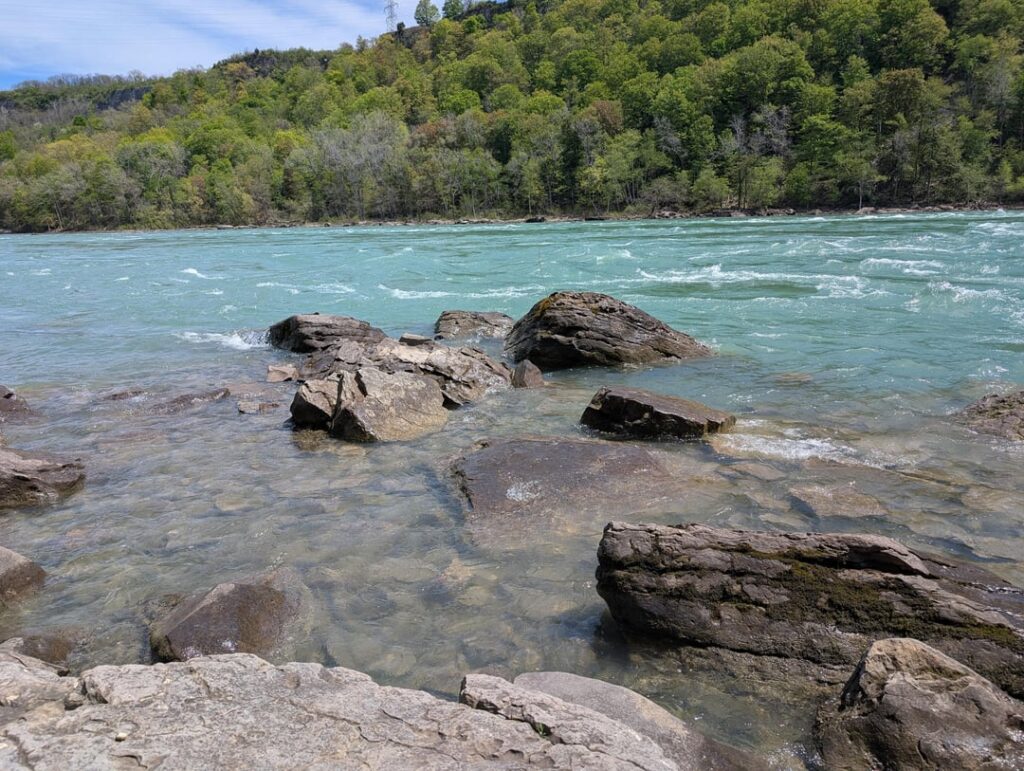 Niagara gorge, Niagara river, standing on Canadian soil, across USA