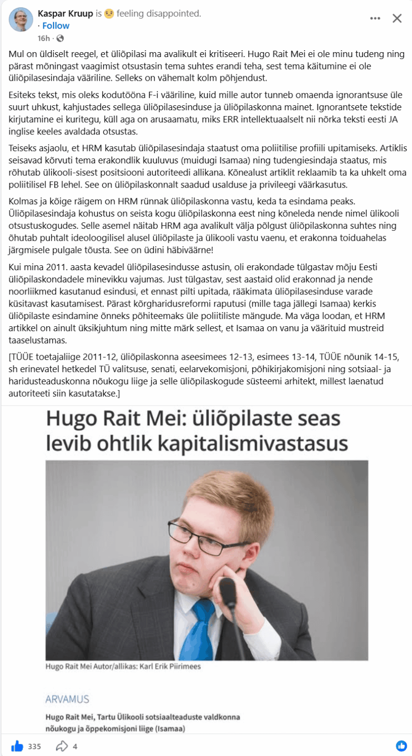The opinion of the former president of the student body, Hugo Rait Mei, about the article published in ERR.