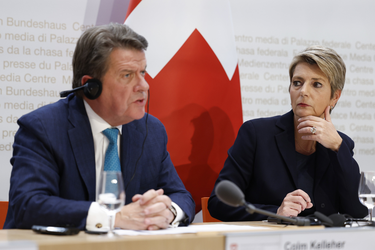 Swiss Finance Minister Karin Keller-Sutter and UBS Chair Colm Kelleher after the collapse of Credit Suisse in March 2023.