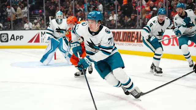 San Jose Sharks center Macklin Celebrini (71) skates with the puck against the <a class="link " href="https://sports.yahoo.com/nhl/teams/anaheim/" data-i13n="sec:content-canvas;subsec:anchor_text;elm:context_link" data-ylk="slk:Anaheim Ducks;sec:content-canvas;subsec:anchor_text;elm:context_link;itc:0" data-yga="{"yLinkElement":"context_link","yModuleName":"content-canvas","yLinkText":"Anaheim Ducks","ySubModuleName":"anchor_text","yHasCommerce":false}">Anaheim Ducks</a> in the second period at Honda Center.Kirby Lee-Imagn Images