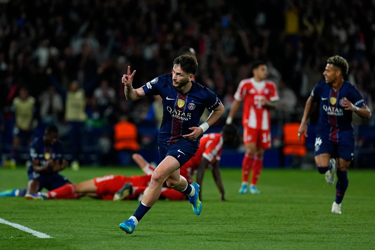 PARIS, FRANCE - APRIL 28 : Khvicha Kvaratskhelia #7 of Paris Saint-Germain F.C. celebrates after scoring during the Paris Saint Germain (PSG) versus FC Bayern Munich UEFA Champions League 2025/26 Semi Final First Leg match on April 28, 2026, Parc des Princes, Paris, France. (Photo by Glenn Gervot - PSG / PSG via Getty Images) Images)