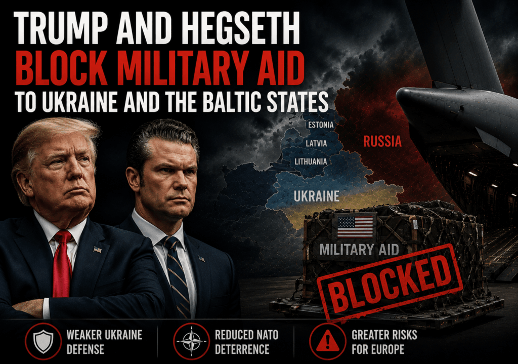 Donald Trump and Defense Secretary Pete Hegseth continue blocking military aid approved for Ukraine and the Baltic states. Critics warn the delays weaken Ukraine’s ability to resist Russia and reduce NATO’s deterrence power, increasing security risks for Europe.