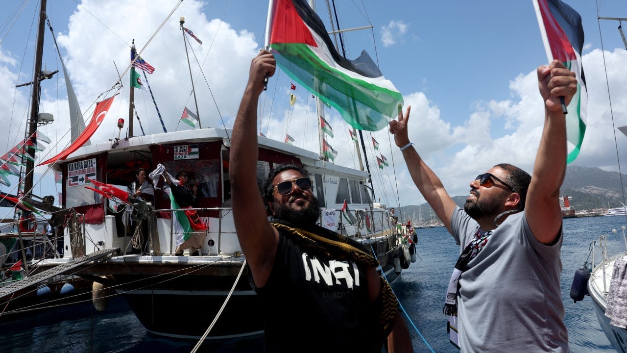Activists from the Global Sumud Flotilla, aiming to reach Gaza and break Israel’s naval blockade, gather at a port before their departure in the southern Turkish resort of Marmaris, Turkey, May 14, 2026.
