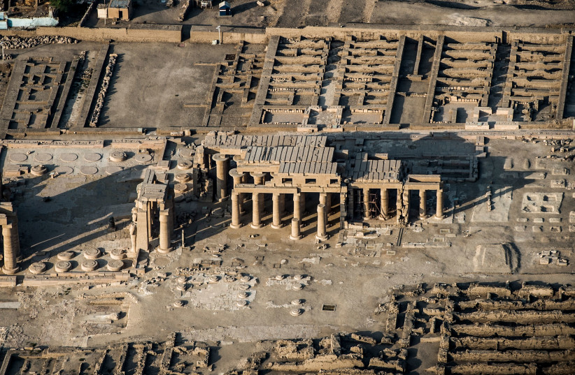An aerial picture taken from a hot air balloon shows the Ramesseum temple in the southern Egyptian town of Luxor, September 10, 2017; illustrative.