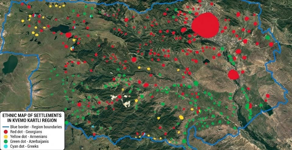 Ethnic map of the settlements in the Lower Kartli region of Eastern Georgia (The capital city of Tbilisi and it's surroundings included)