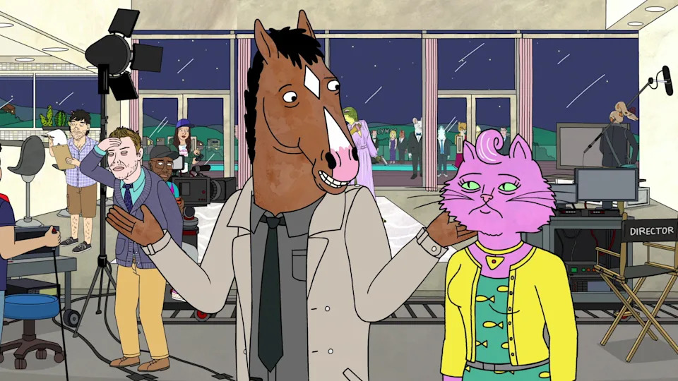 Animated characters BoJack Horseman and Princess Carolyn on a TV set, with crew and equipment in the background