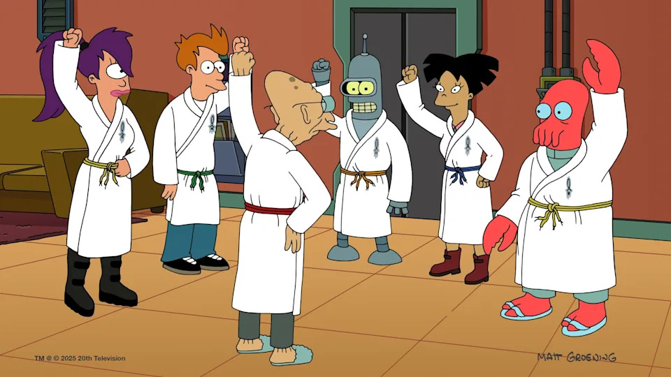 Animated characters from "Futurama" wearing white robes, raising fists, appearing to celebrate or engage in a lively discussion in a living room