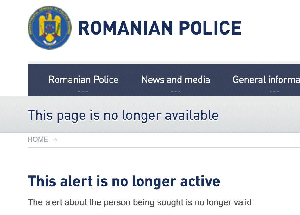 A webpage from the Romanian Police site states "This page is no longer available" and "This alert is no longer active."