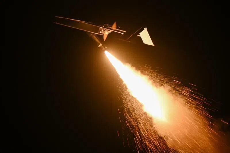 A Ukrainian long-range drone launched by Ukrainian servicemen from an undisclosed location in Ukraine, on May 16, hours before Moscow reported a major attack..